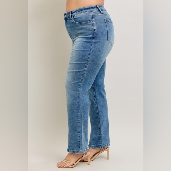 Judy Blue High-Rise Split Hem Distressed Straight Leg Boyfriend Jeans Denim Pant - Picture 5 of 16